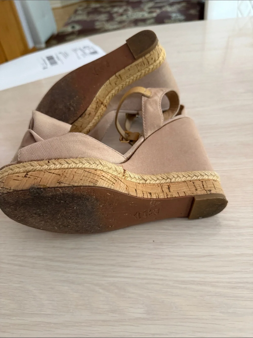 Tory Burch Neutral Bow Espadrille Slingback Wedges with Gold Trim
